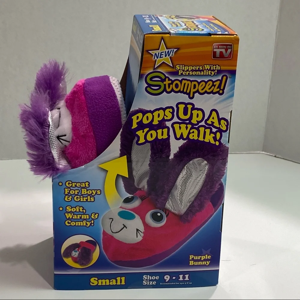 Stompeez Sz small 9-11 kids purple bunny slippers - ears pop up when they walk